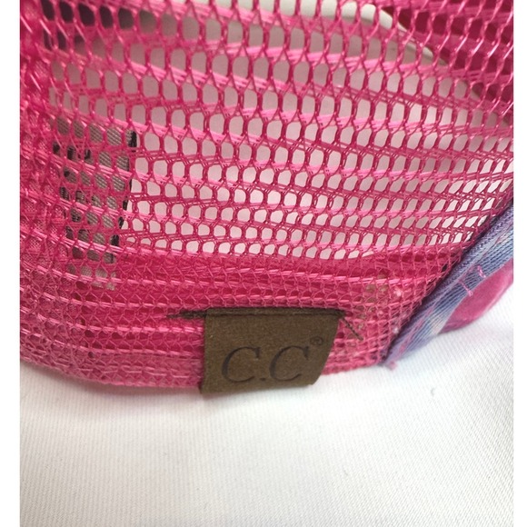 C.C. Tie Dye Trucker Hat Women OS Pink Repurposed Patch Ponytail Cap Excellent - Picture 6 of 8